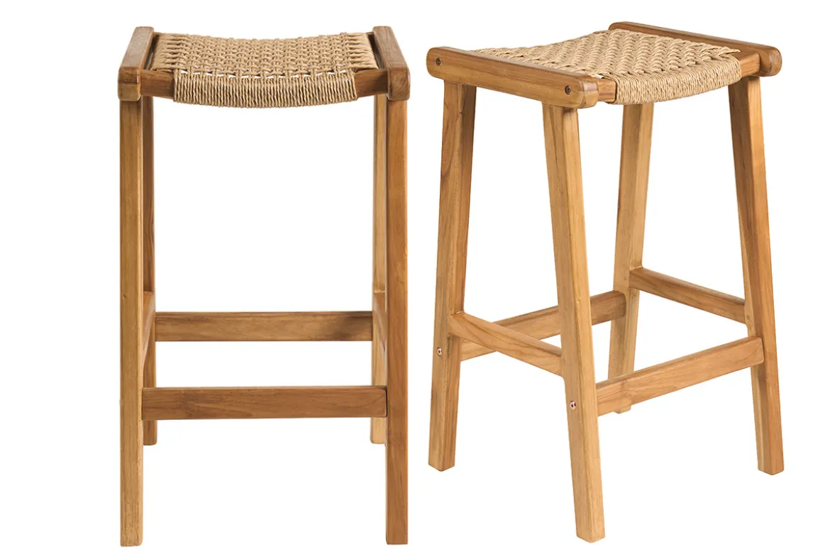 Tabourets de bar ethniques extérieur en bois teck massif et cannage rotin H66 cm (lot de 2) GAWA