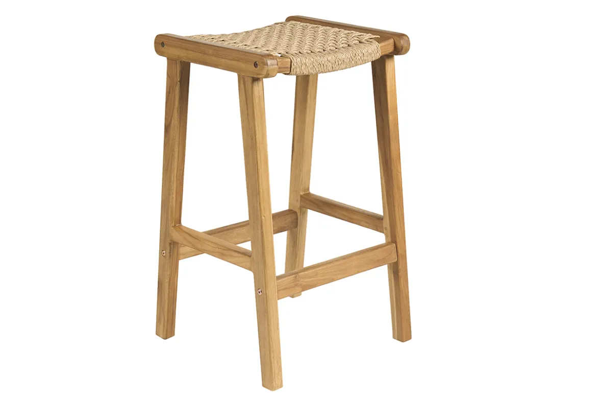 Tabourets de bar ethniques extérieur en bois teck massif et cannage rotin H66 cm (lot de 2) GAWA
