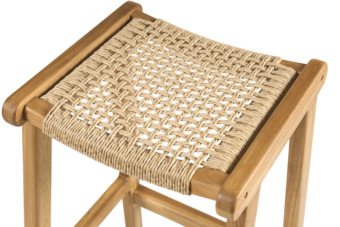 Tabourets de bar ethniques extérieur en bois teck massif et cannage rotin H66 cm (lot de 2) GAWA