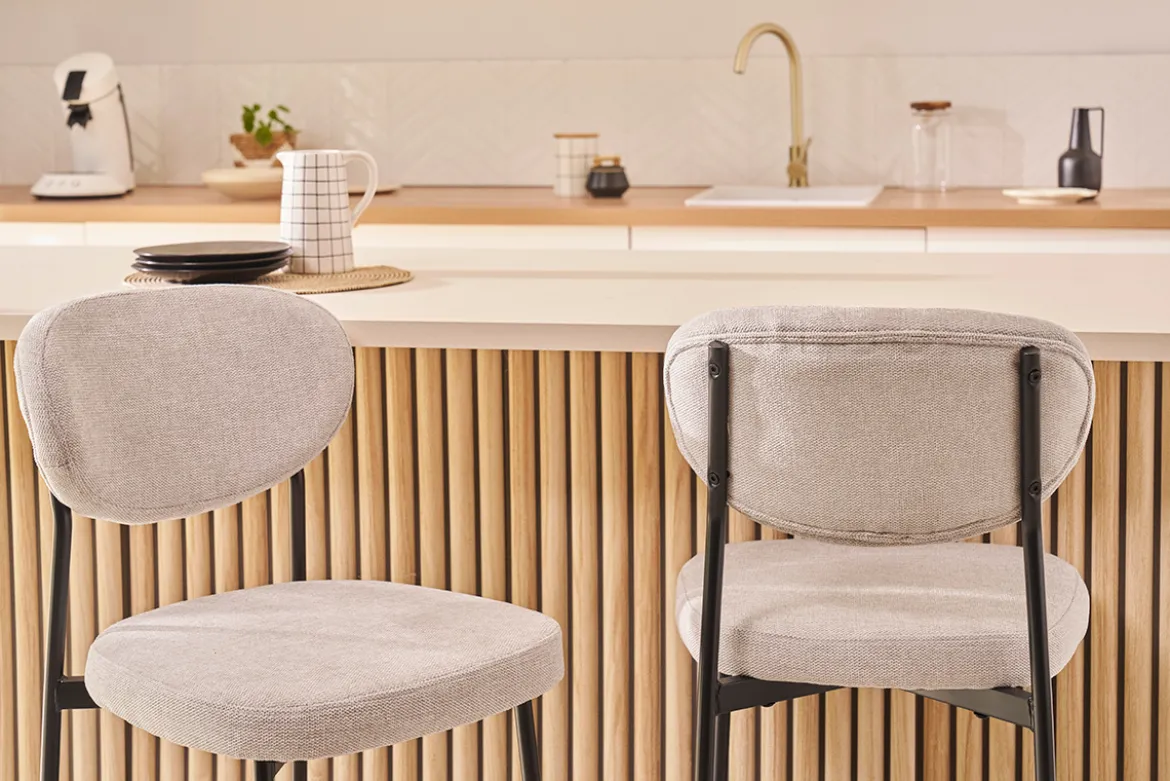 Tabourets de bar fixes en tissu effet velours texturé beige H65 cm (lot de 2) BREKA