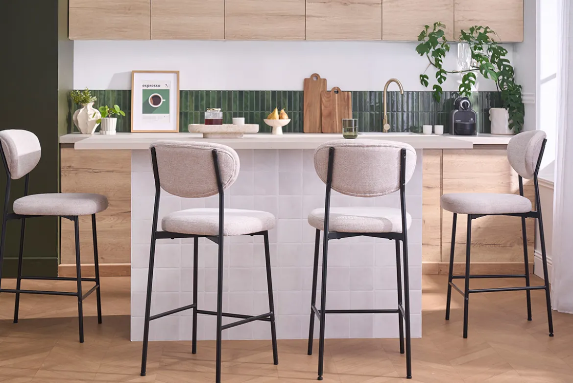 Tabourets de bar fixes en tissu effet velours texturé beige H65 cm (lot de 2) BREKA
