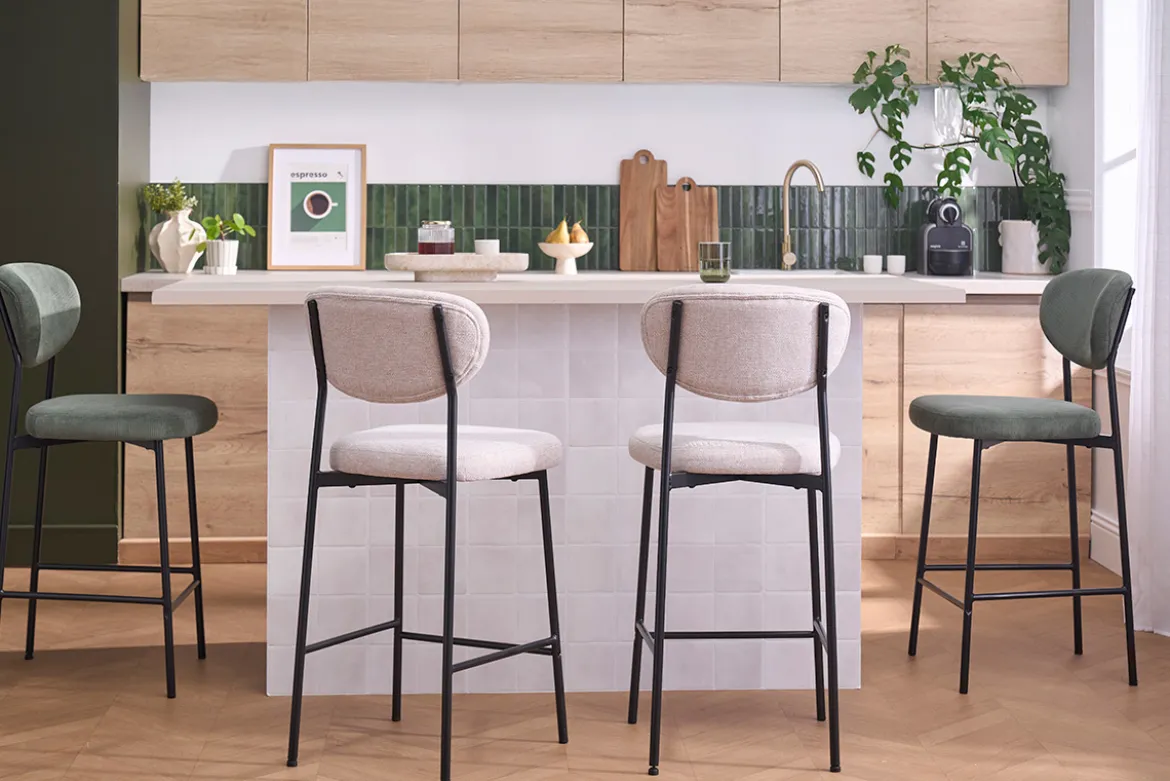 Tabourets de bar fixes en tissu effet velours texturé beige H65 cm (lot de 2) BREKA