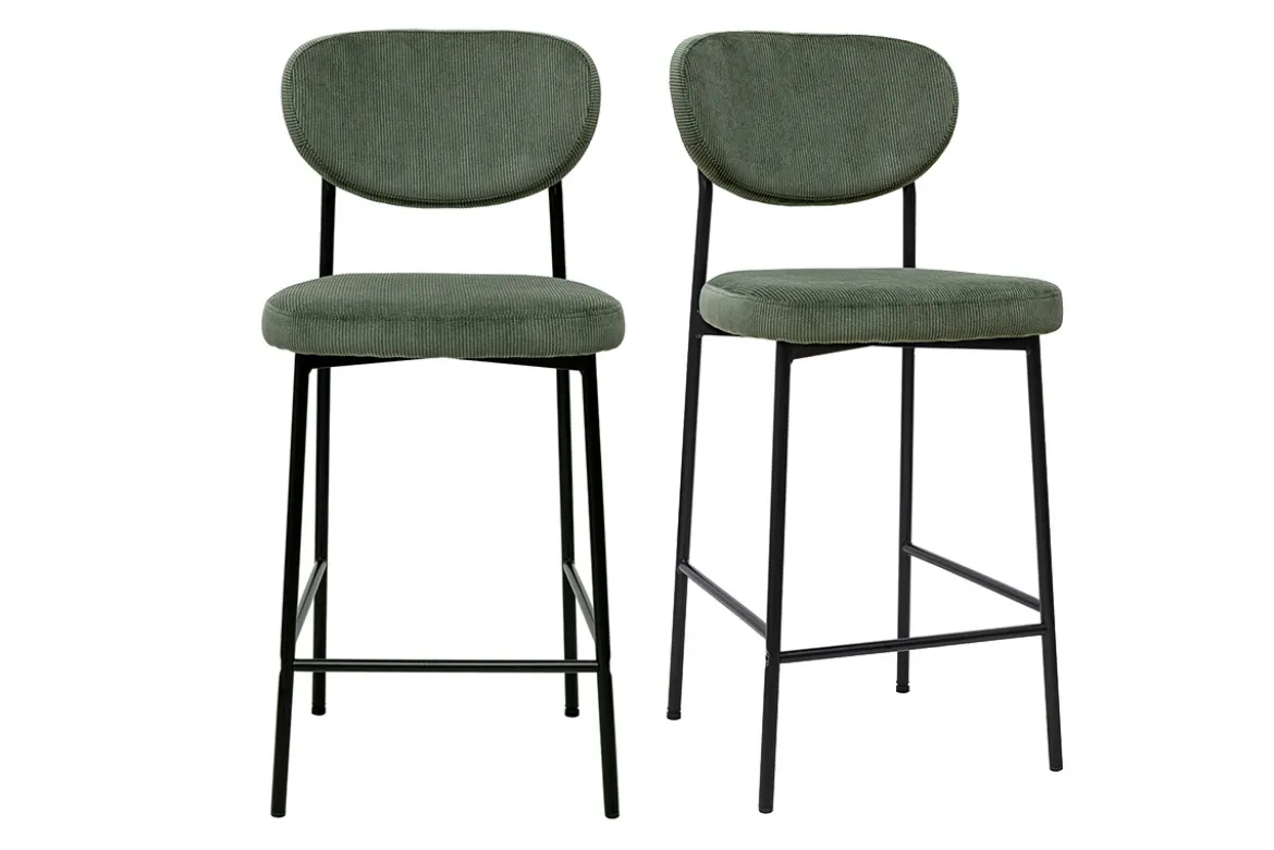 Tabourets de bar fixes en tissu velours côtelé vert kaki H65 cm (lot de 2) BREKA