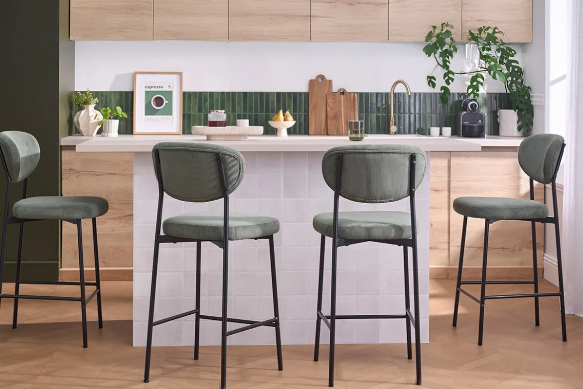 Tabourets de bar fixes en tissu velours côtelé vert kaki H65 cm (lot de 2) BREKA