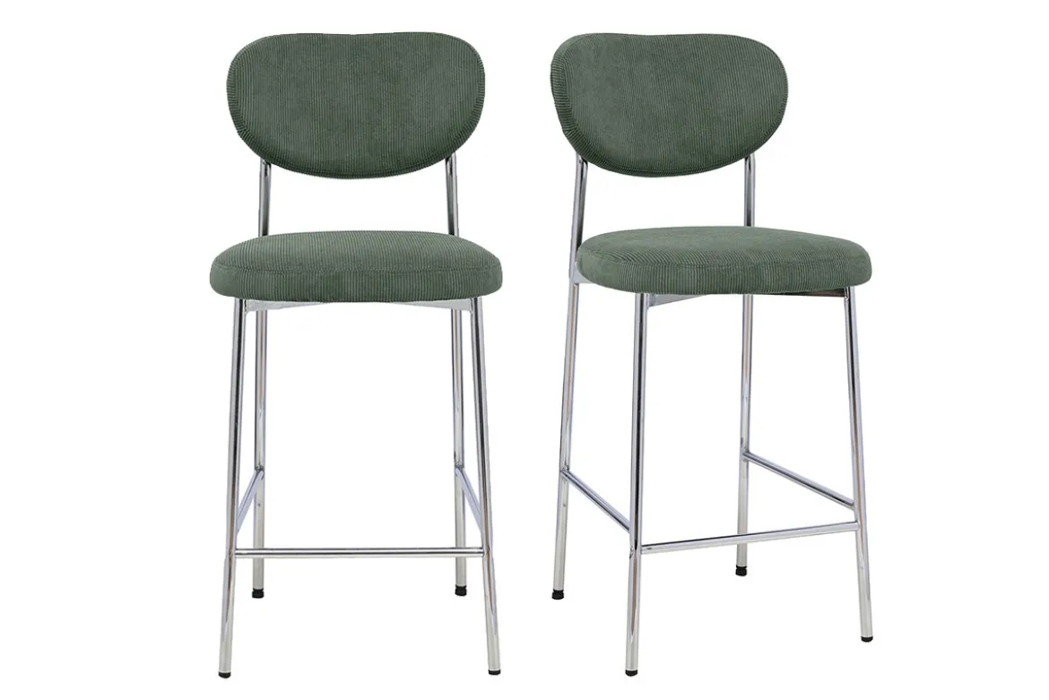 Tabourets de bar fixes en tissu velours côtelé vert kaki H65 cm (lot de 2) BREKA