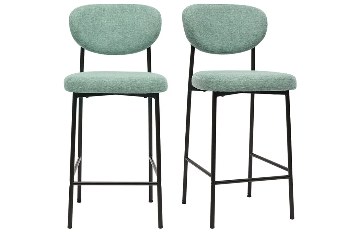 Tabourets de bar fixes en tissu effet velours texturé vert céladon H65 cm (lot de 2) BREKA