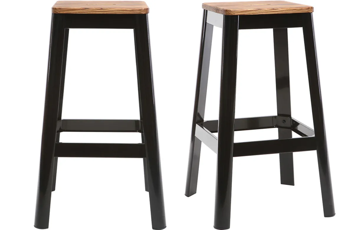 Tabourets de bar industriels en métal noir et bois H75 cm (lot de 2) NICK
