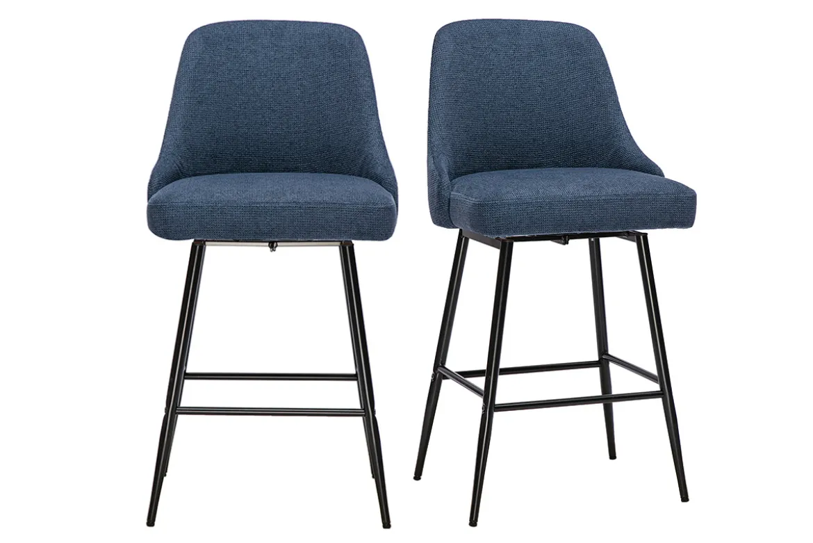Tabourets de bar pivotants 360° en tissu chenille bleu foncé et métal H66 cm (lot de 2) HASTA