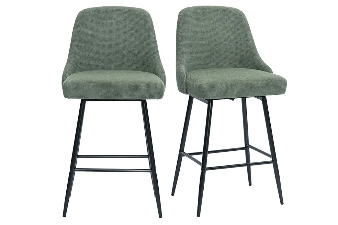 Tabourets de bar pivotants 360° en tissu chenille vert kaki et métal H66 cm (lot de 2) HASTA