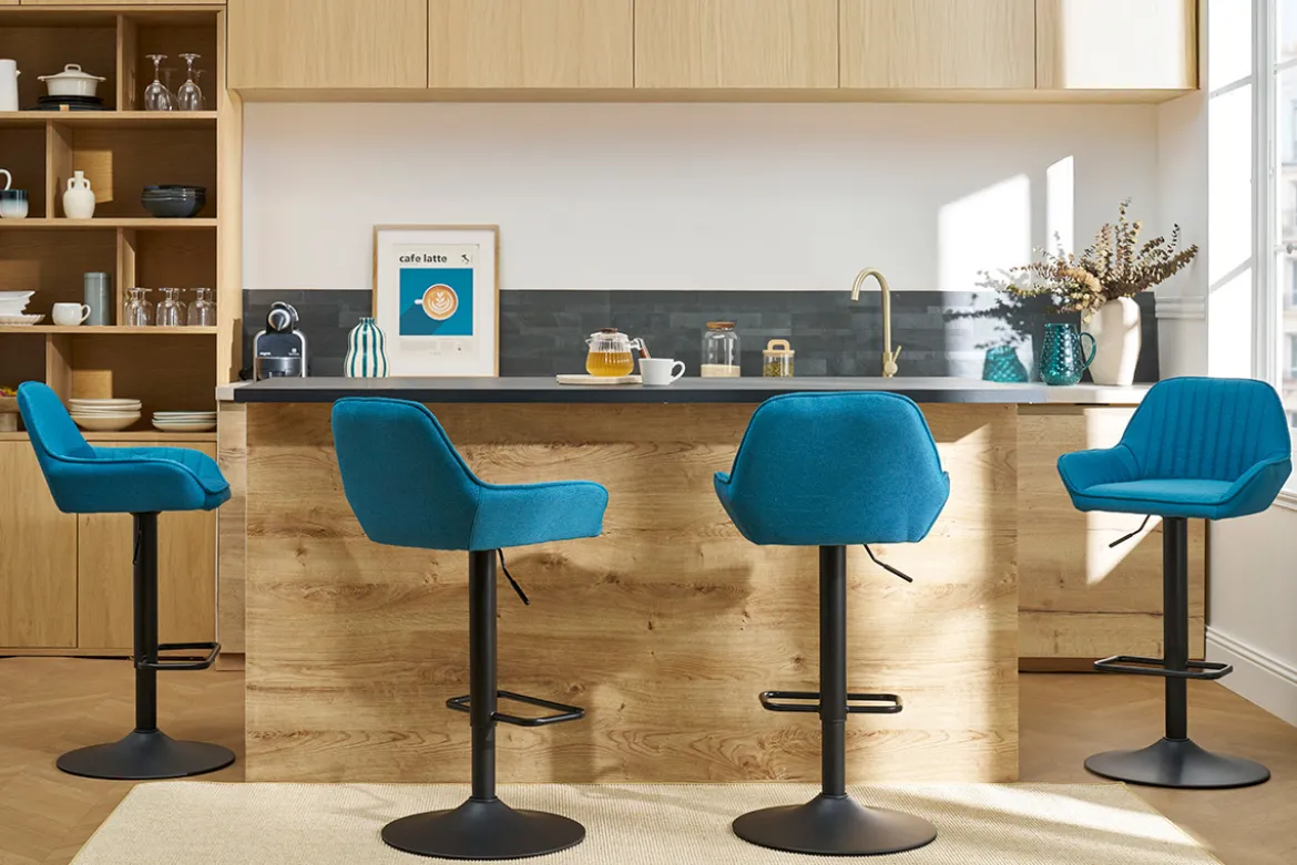 Tabourets de bar réglables design en tissu bleu (lot de 2) RONNIE