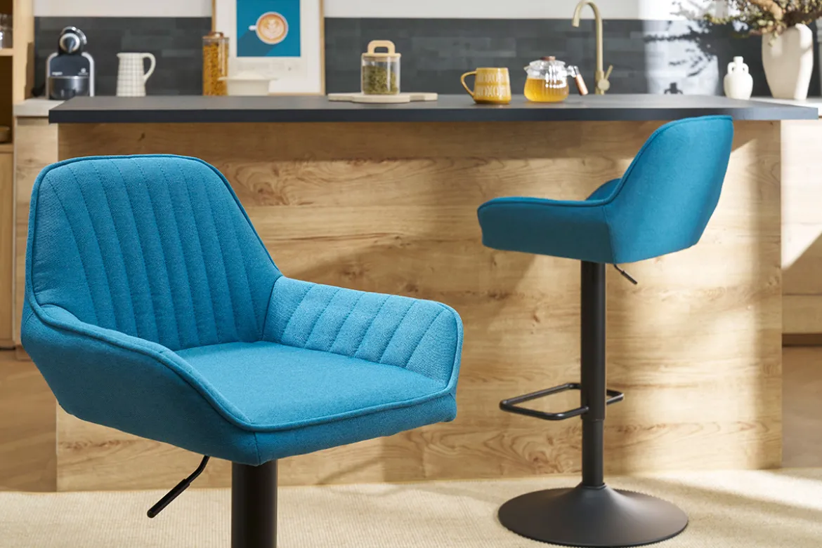 Tabourets de bar réglables design en tissu bleu (lot de 2) RONNIE