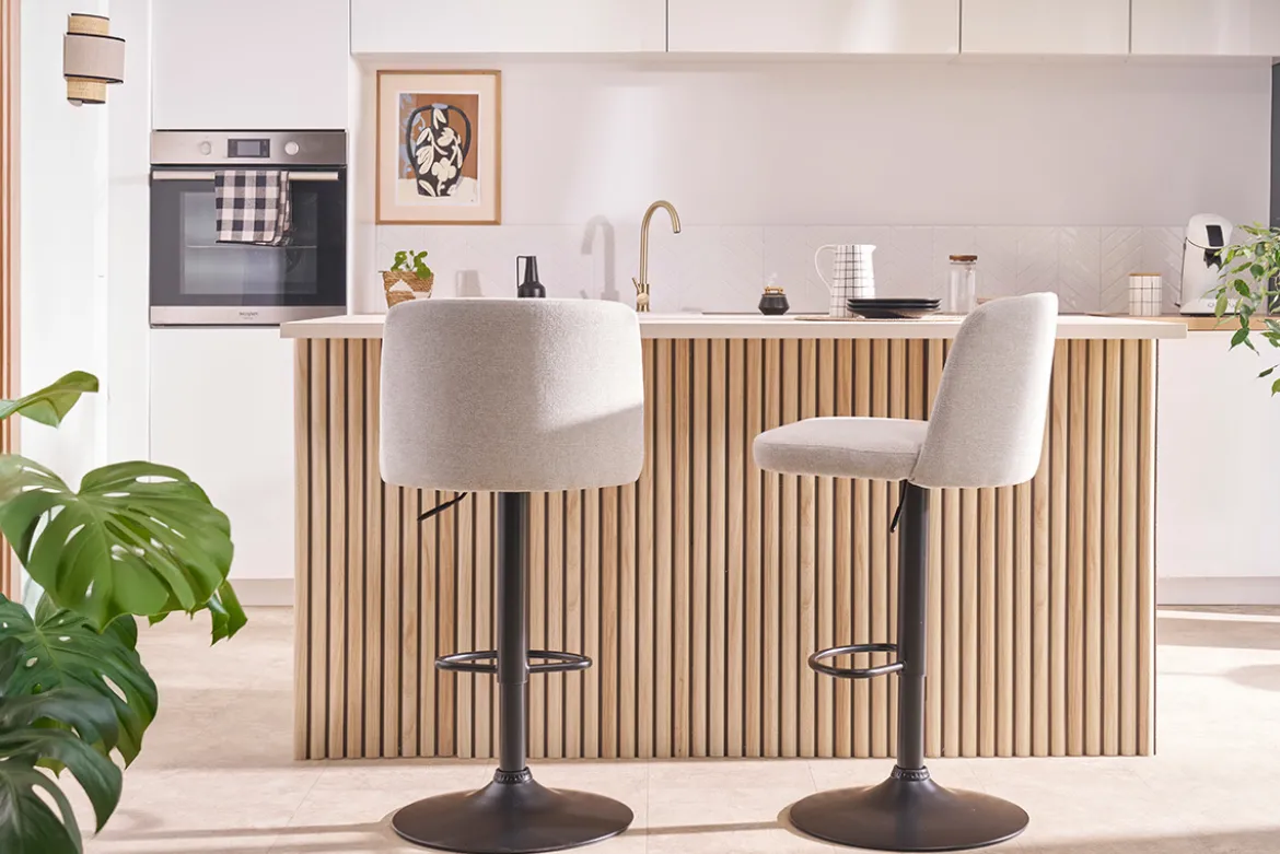 Tabourets de bar réglables en tissu effet velours texturé beige et métal noir (lot de 2) MONTI