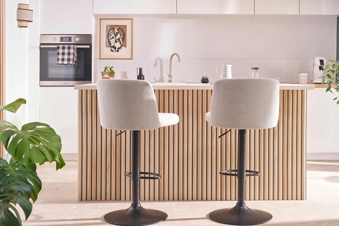 Tabourets de bar réglables en tissu effet velours texturé beige et métal noir (lot de 2) MONTI