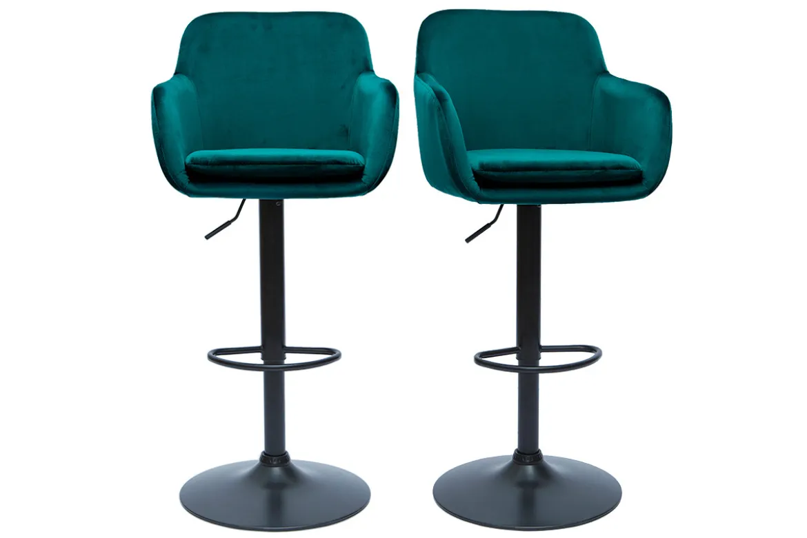 Tabourets de bar réglables en tissu velours bleu pétrole et métal noir (lot de 2) AMIKA