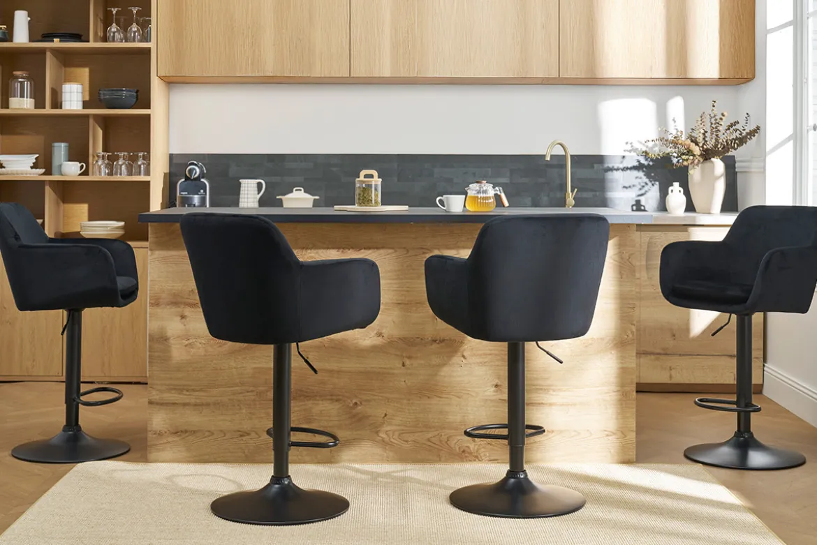 Tabourets de bar réglables en velours noir et métal (lot de 2) AMIKA
