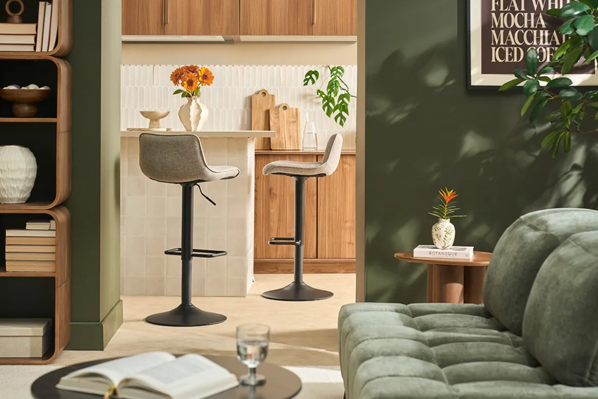 Tabourets de bar réglables pivotants 360° en tissu taupe et métal noir (lot de 2) BOOST