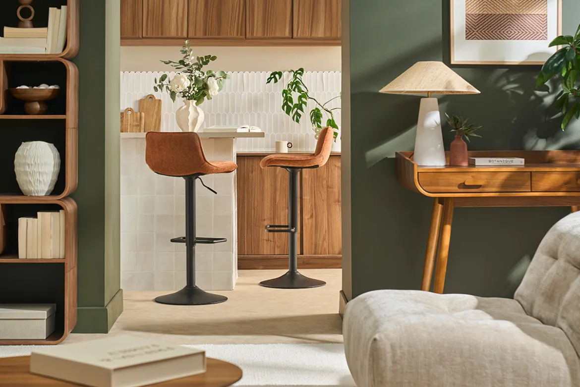 Tabourets de bar réglables pivotants 360° en tissu effet velours texturé terre brûlée et métal noir (lot de 2) BOOST