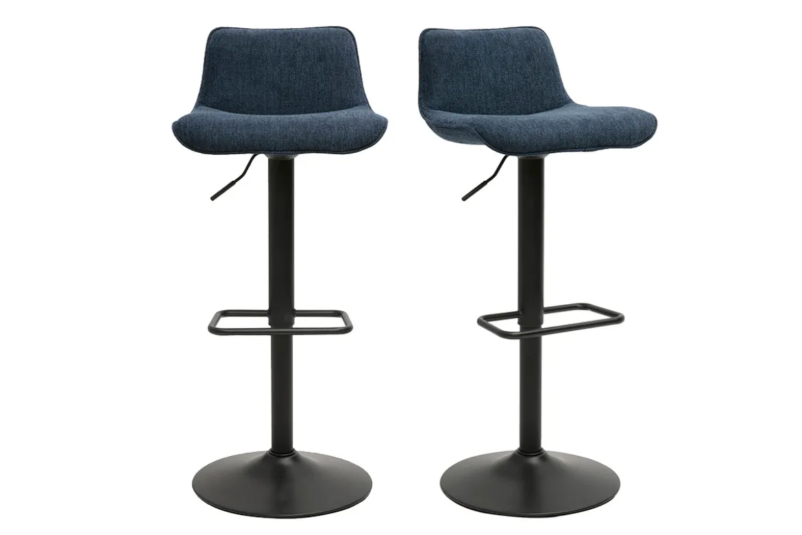 Tabourets de bar réglables pivotants 360° en tissu effet velours texturé bleu foncé et métal noir (lot de 2) BOOST
