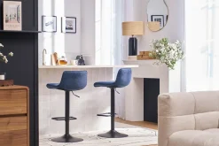 Tabourets de bar réglables pivotants 360° en tissu effet velours texturé bleu foncé et métal noir (lot de 2) BOOST