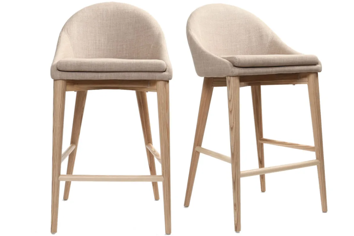 Tabourets de bar scandinaves en tissu beige et frêne massif H66 cm (lot de 2) DALIA