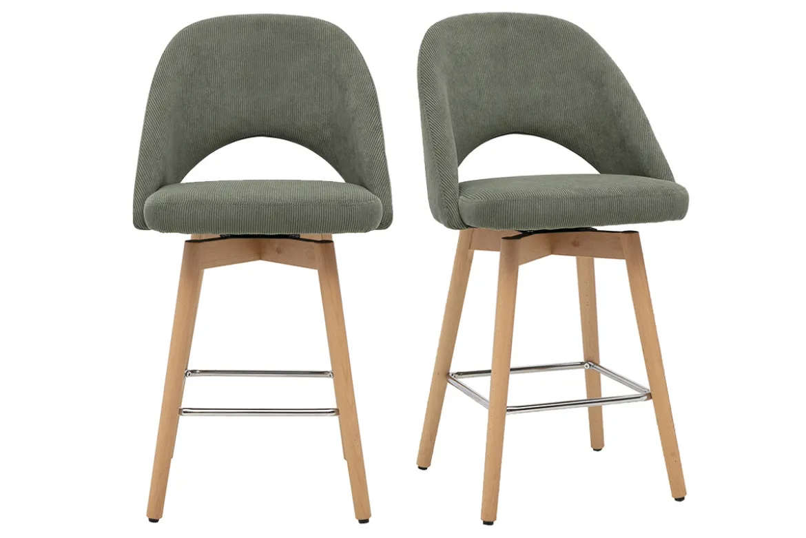 Tabourets de bar scandinaves en tissu velours côtelé vert kaki et hévéa massif 65 cm (lot de 2) COSETTE