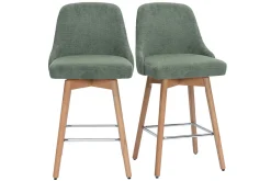 Tabourets de bar scandinaves pivotants 360° en tissu chenille vert kaki et bois hêtre massif H65 cm (lot de 2) HASTA