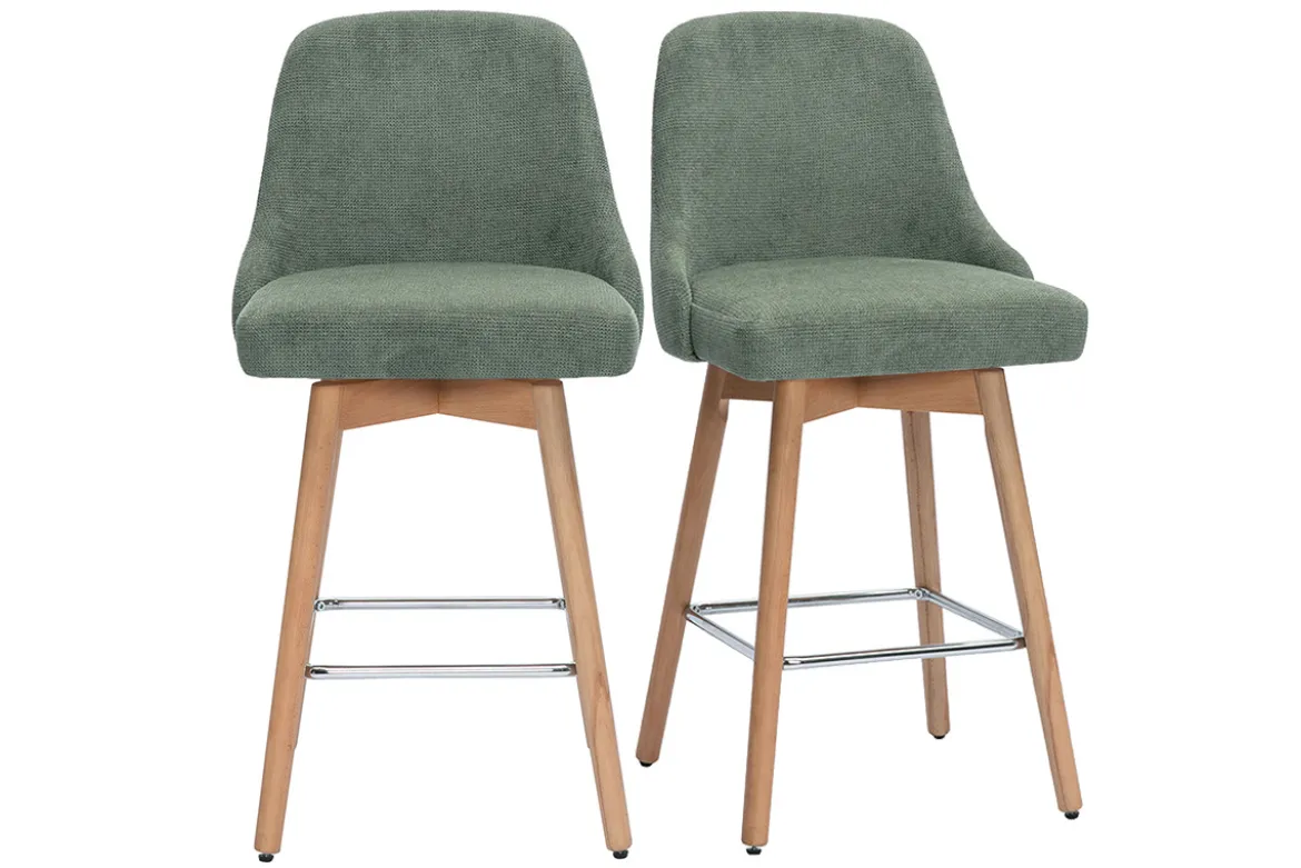 Tabourets de bar scandinaves pivotants 360° en tissu chenille vert kaki et bois hêtre massif H65 cm (lot de 2) HASTA
