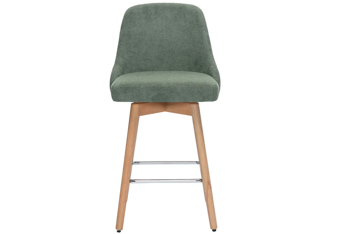 Tabourets de bar scandinaves pivotants 360° en tissu chenille vert kaki et bois hêtre massif H65 cm (lot de 2) HASTA