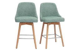 Tabourets de bar scandinaves pivotants 360° en tissu effet velours texturé vert céladon et bois hêtre massif H65 cm (lot de 2) HASTA