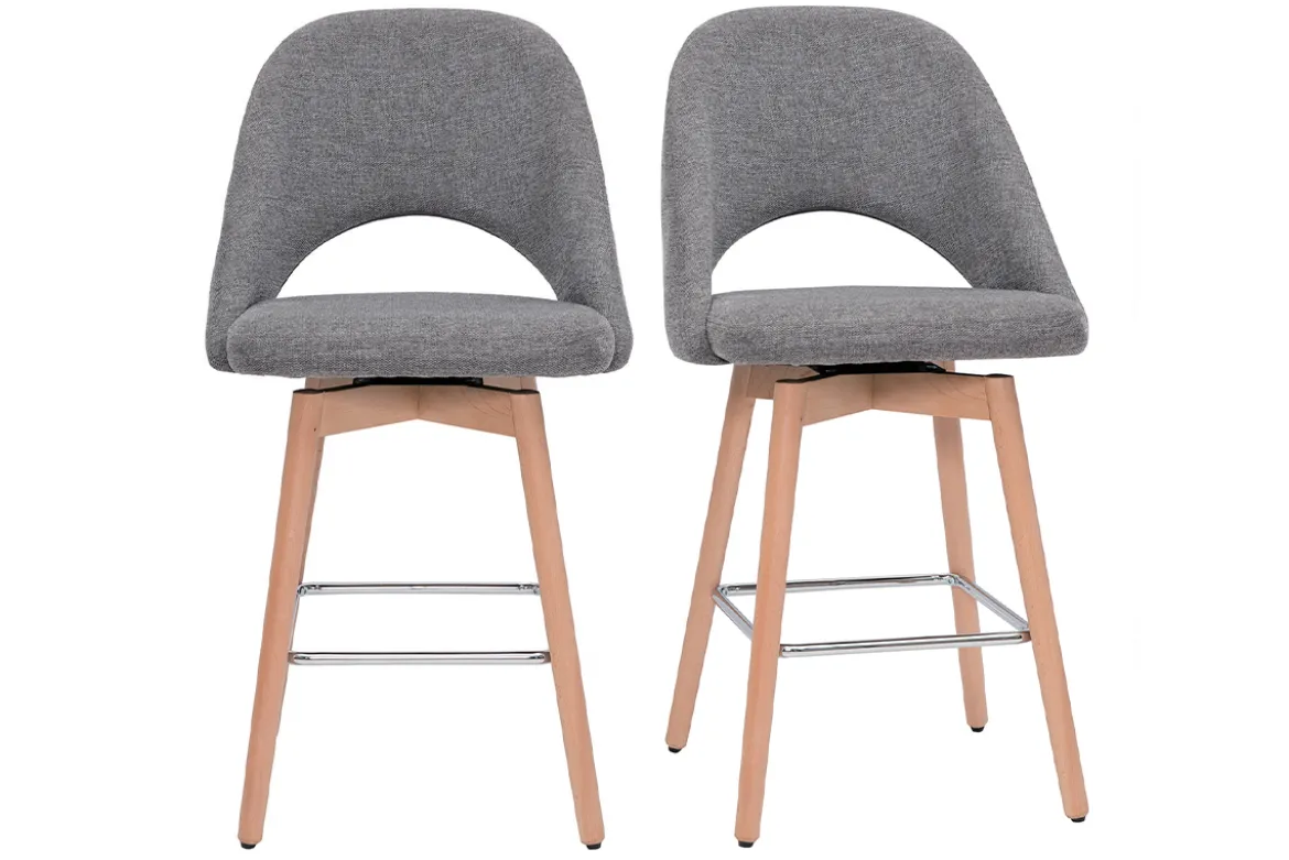 Tabourets de bar scandinaves tissu effet velours texturé gris et hévéa massif 65 cm (lot de 2) COSETTE