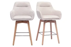 Tabourets de bar scandinaves pivotants 360° en tissu effet velours texturé beige et bois clair H65 cm (lot de 2) ALESS