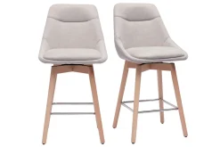 Tabourets de bar scandinaves pivotants 360° en tissu effet velours texturé beige et bois clair H65 cm (lot de 2) ALESS