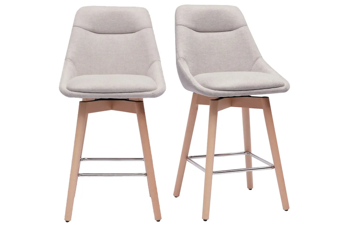 Tabourets de bar scandinaves pivotants 360° en tissu effet velours texturé beige et bois clair H65 cm (lot de 2) ALESS