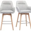 Tabourets de bar scandinaves pivotants 360° en tissu effet velours texturé gris clair et bois clair H65 cm (lot de 2) ALESS