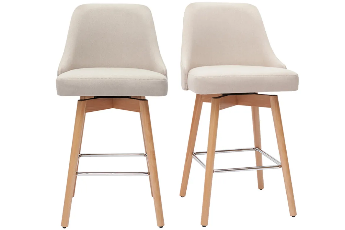 Tabourets de bar scandinaves pivotants 360° en tissu beige et bois hêtre massif H65 cm (lot de 2) HASTA
