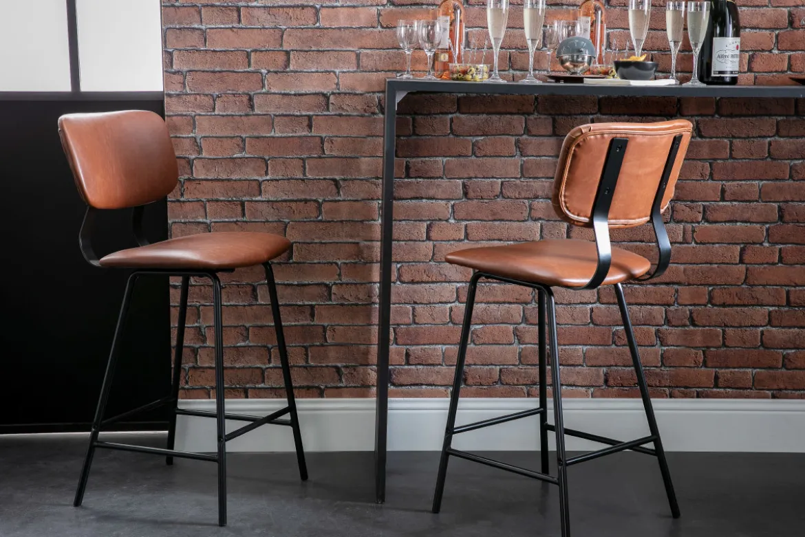 Tabourets de bar vintage marron clair avec pieds métal 65 cm (lot de 2) LAB
