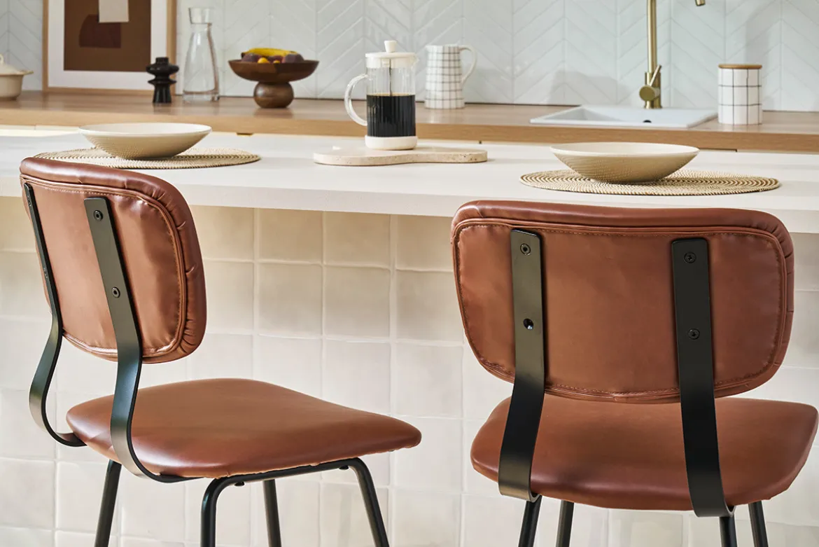 Tabourets de bar vintage marron clair avec pieds métal 65 cm (lot de 2) LAB