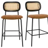Tabourets design en tissu effet velours texturé terre brulée, métal noir et cannage rotin (lot de 2) MIRANDA