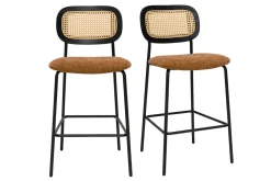 Tabourets design en tissu effet velours texturé terre brulée, métal noir et cannage rotin (lot de 2) MIRANDA