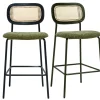 Tabourets design en tissu effet velours texturé vert kaki, métal noir et cannage rotin (lot de 2) MIRANDA