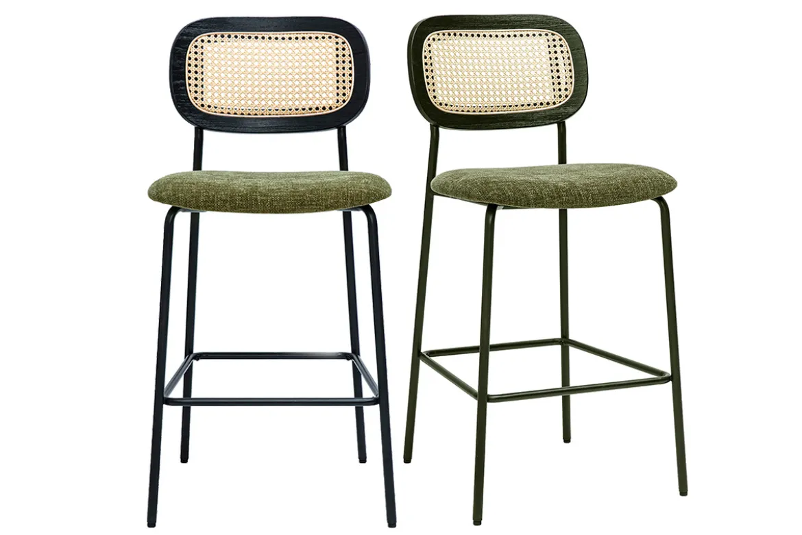 Tabourets design en tissu effet velours texturé vert kaki, métal noir et cannage rotin (lot de 2) MIRANDA