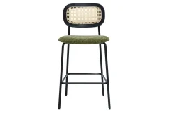 Tabourets design en tissu effet velours texturé vert kaki, métal noir et cannage rotin (lot de 2) MIRANDA