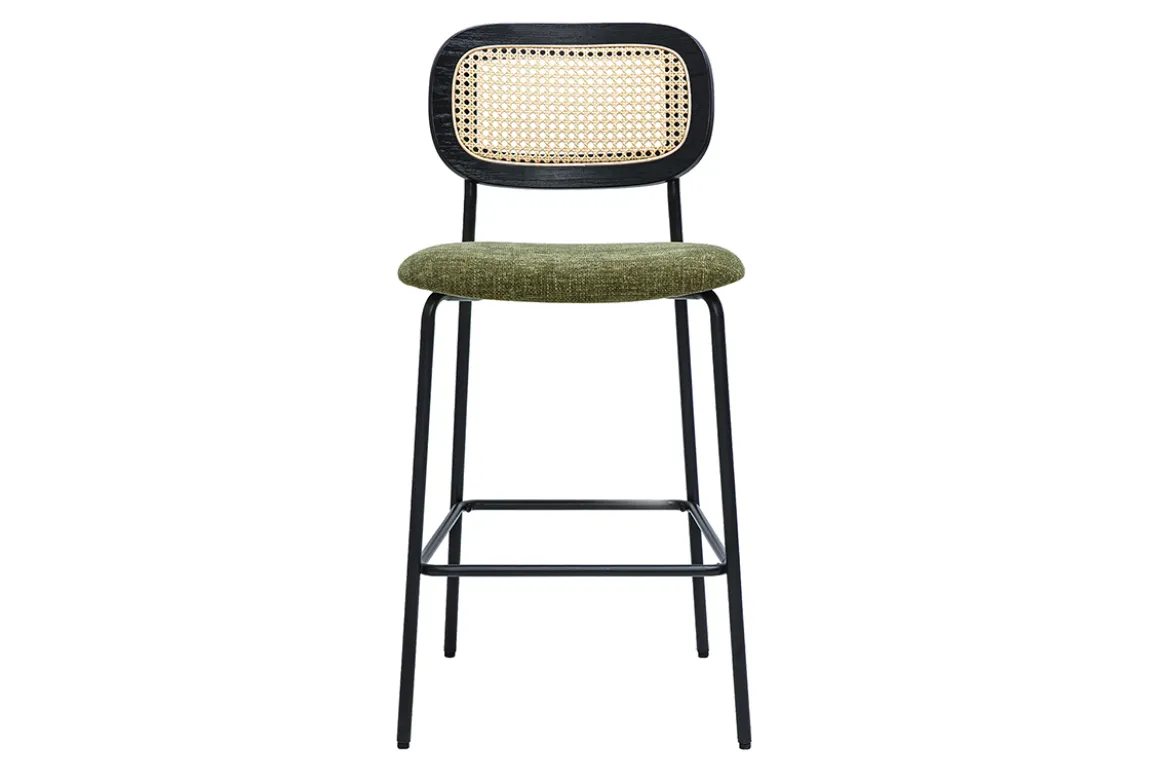 Tabourets design en tissu effet velours texturé vert kaki, métal noir et cannage rotin (lot de 2) MIRANDA