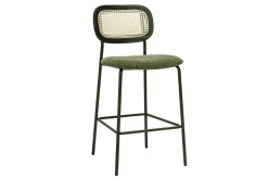 Tabourets design en tissu effet velours texturé vert kaki, métal noir et cannage rotin (lot de 2) MIRANDA