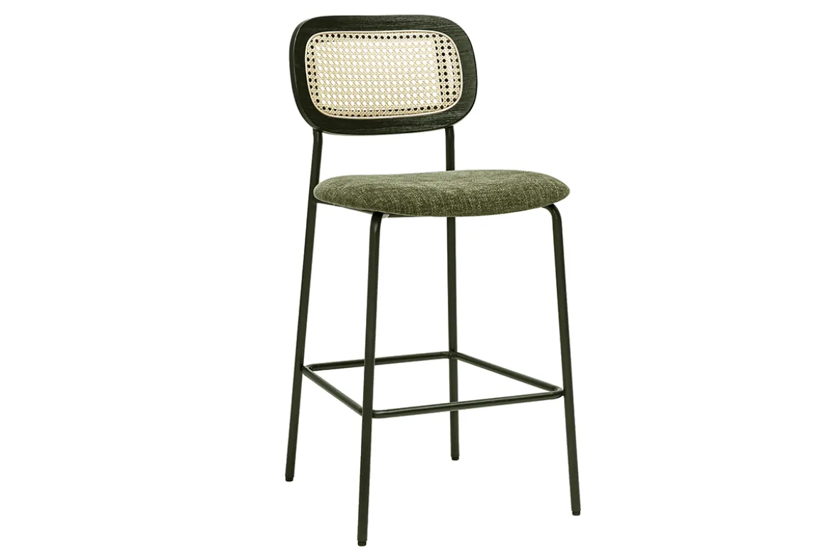 Tabourets design en tissu effet velours texturé vert kaki, métal noir et cannage rotin (lot de 2) MIRANDA