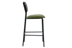 Tabourets design en tissu effet velours texturé vert kaki, métal noir et cannage rotin (lot de 2) MIRANDA