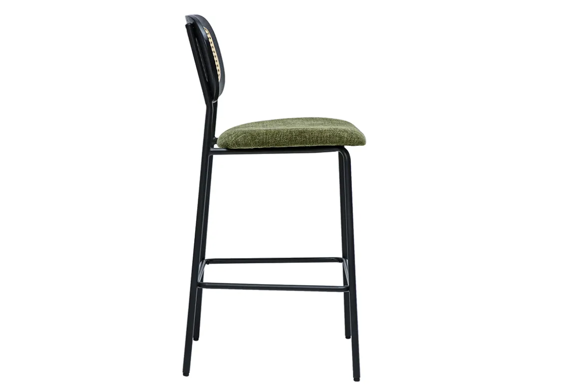 Tabourets design en tissu effet velours texturé vert kaki, métal noir et cannage rotin (lot de 2) MIRANDA
