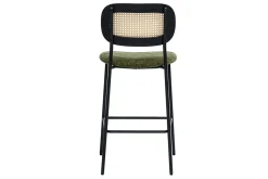 Tabourets design en tissu effet velours texturé vert kaki, métal noir et cannage rotin (lot de 2) MIRANDA