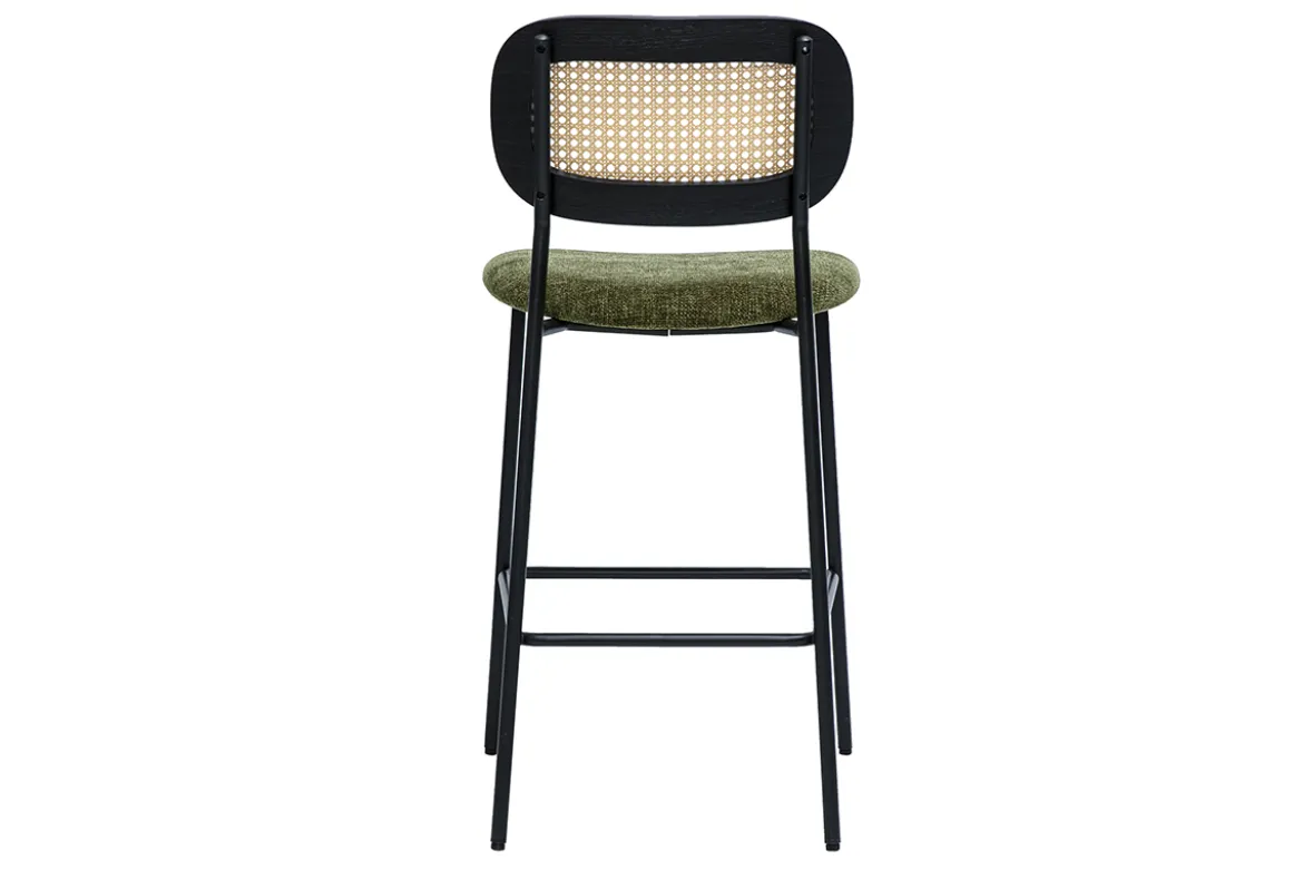 Tabourets design en tissu effet velours texturé vert kaki, métal noir et cannage rotin (lot de 2) MIRANDA