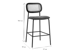 Tabourets design en tissu effet velours texturé vert kaki, métal noir et cannage rotin (lot de 2) MIRANDA